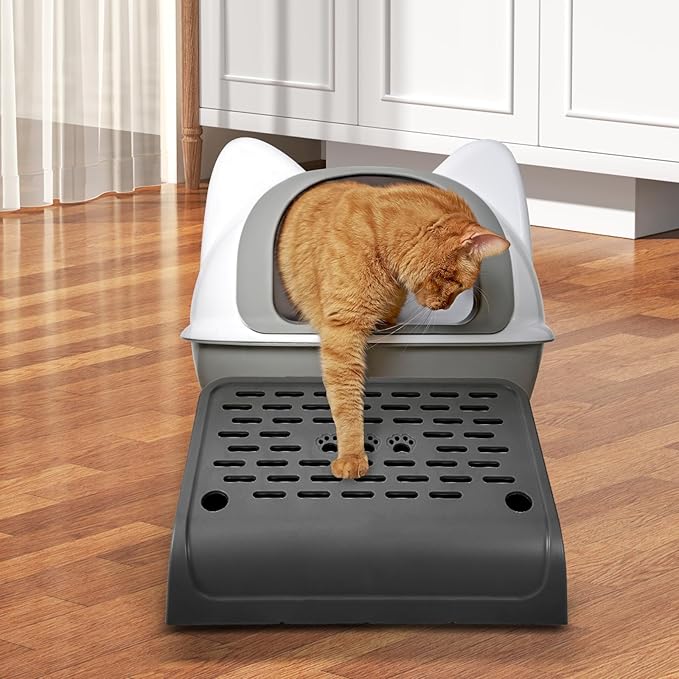 Cat Ramp for Litter Box Step, Stainless Steel Automatic Litter Box Ramp Cat Steps Mat with Filter Function, Double Layered Self Cleaning Cat Stairs with Storage Space for Litter Catcher (Black)