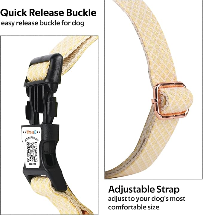 Dog Collar with Waterproof AirTag Holder & Anti-Lost QR Code, Cute Bling Warpping Adjustable Width for Small Medium Large Pet (Yellow, S)