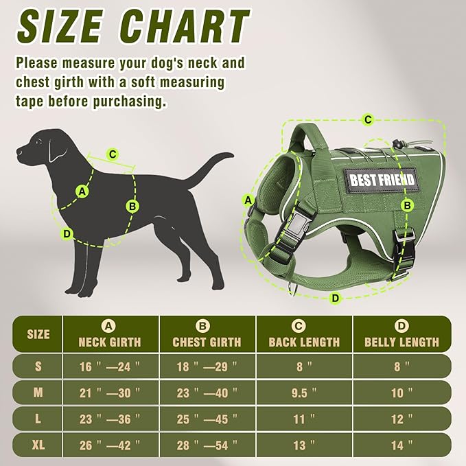 Tactical Dog Harness Small Sized Dog,No Pull Military Dog Vest with Handle,Reflective Heavy Duty Pet Harness for Walking Hiking Training Green S