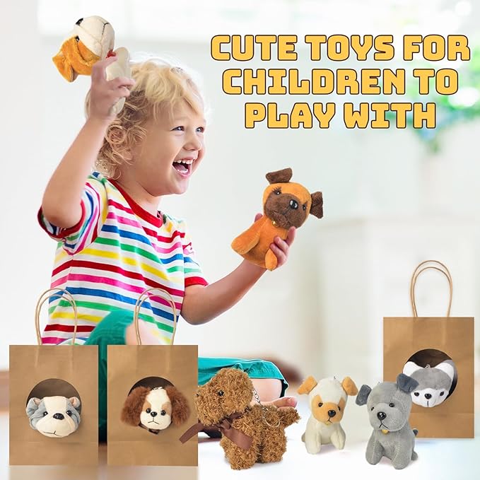 36Pcs Adopt A Puppy Party Favors, Mini Stuffed Animals Adopt A Dog Set Includes 12 Stuffed Dogs 12 Kraft Paper Bags 10 White Plastic Fence Mini Chalkboard & Chalk Marker for Adopt A Pet Party