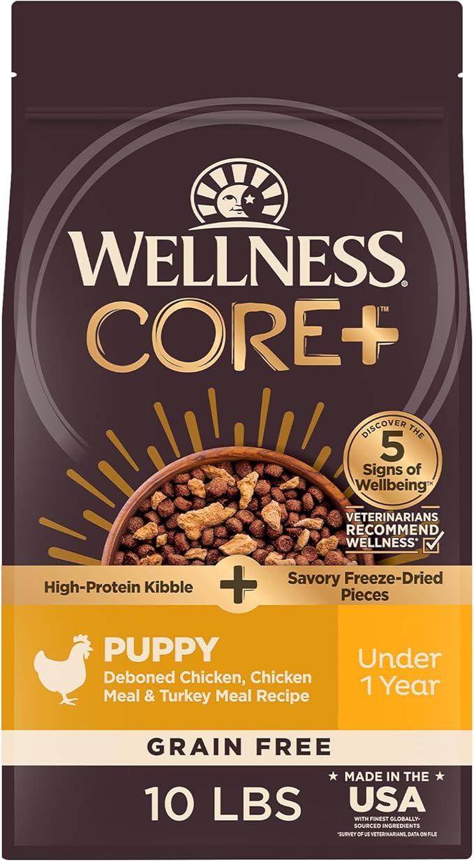Wellness CORE+ Puppy Dry Dog Food with Freeze Dried Pieces, Grain Free, High Protein, Natural, Chicken & Turkey Recipe, (10-Pound Bag)