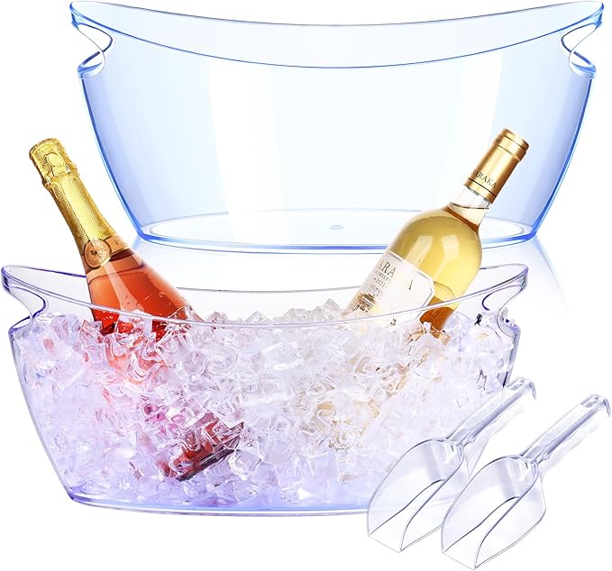 Ice Buckets for Parties, 2 PCS Acrylic Champagne Beverage with 2 Ice Bucket Scoop, Drinks Buckets Tub for Cocktail Bar, Long and Narrow 5.5 Liter Bucket for Chrismas Party(5.5L) (Light Blue)