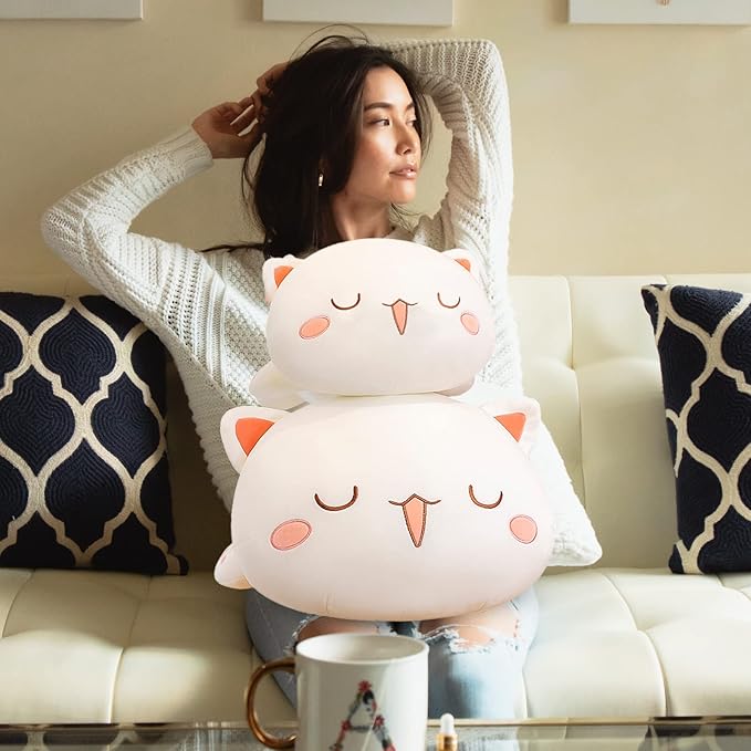 FUYU Cat Stuffed Animals, Soft Cat Plush Pillow Kawaii Kitten Stuffed Animal Toy Gifts for Kids Boys Girls Room Decor (White Squinted Eyes,35in/87)