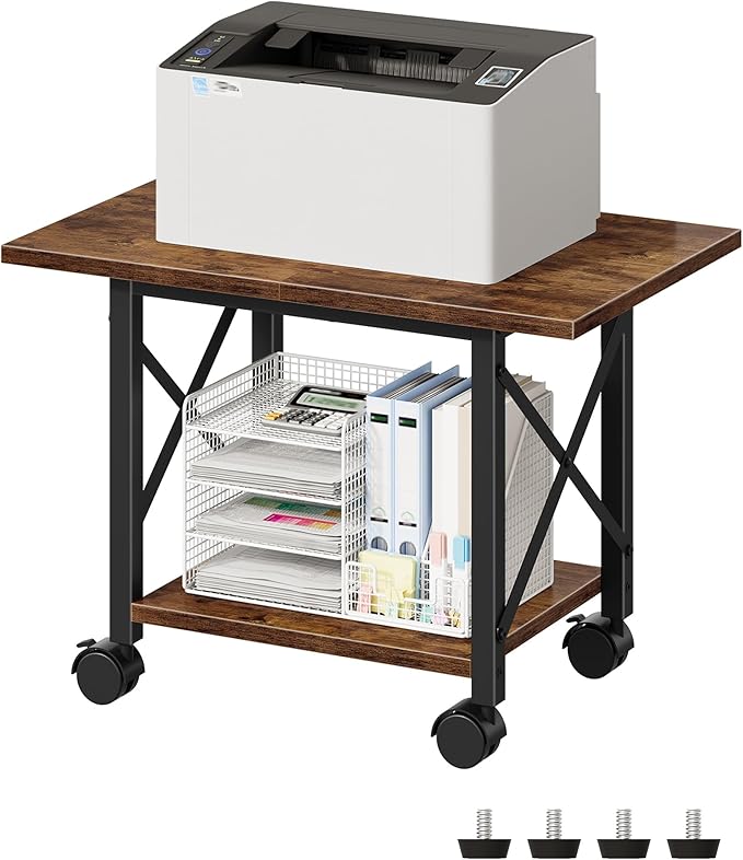 23.6" Under Desk Printer Stand, 2-Tier Printer Table with Wheels Adjustable Feet for Home Office, Study, Living Room, Rustic Brown and Black TPS01BF