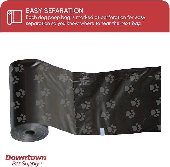 Downtown Pet Supply Poop Bags for Dogs with Dispenser, 220 Count - Leak-Proof Dog Waste Bags and Bone-Shaped Dog Poop Bags Holder for Leash - Black with Paw Prints, 12.5" x 8.5"