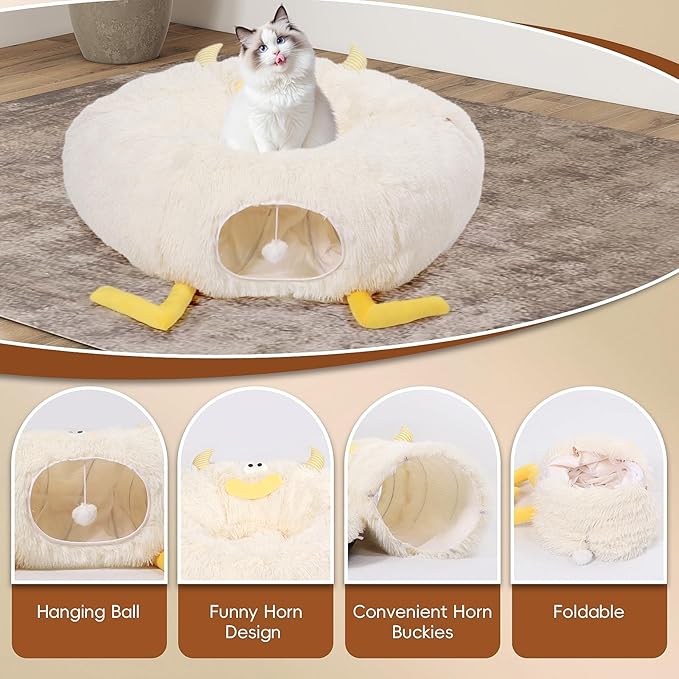 Cat Tunnel Bed for Indoor Cats - Cute Cat Donut Tunnel with Washable Circle Cushion - Multi-Purpose Cat Bed & Peekabo Cave, Pet Playground Toys for Kittens, Puppy, Rabbit (White)