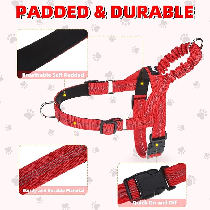 PUPTECK No Pull Dog Harness for Large Dogs, Adjustable Reflective Pet Vest Harness with Bungee Handle, Escape Proof No Choke Harness for Large Dogs Walking Training, Red L
