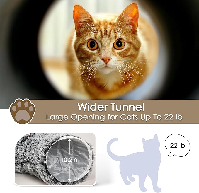 Cat Tunnel Bed for Indoor Cats, Peekaboo Cat Cave with Washable Soft Play Mat, Furry Cat Tube, for Kitten/Puppy/Rabbit, Black
