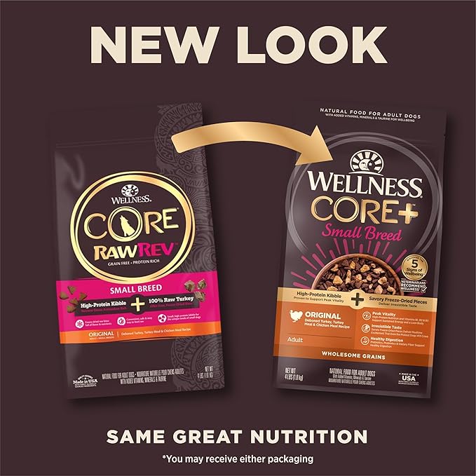 Wellness CORE+ Dry Dog Food with Freeze Dried Pieces, Small Breed, Wholesome Grains, High Protein, Natural, Original Turkey & Chicken Recipe, (4-Pound Bag)