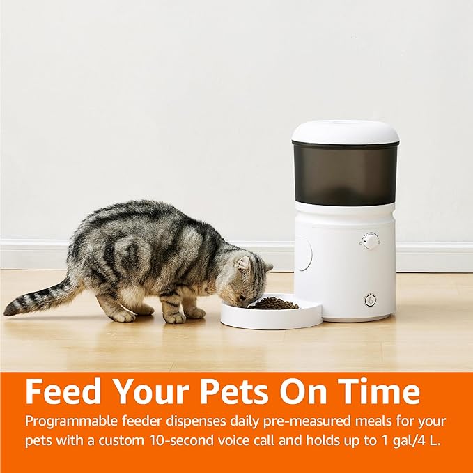 Amazon Basics Automatic Feeder for Cats and Dogs with Speed & Portion Control, 4L Capacity, White