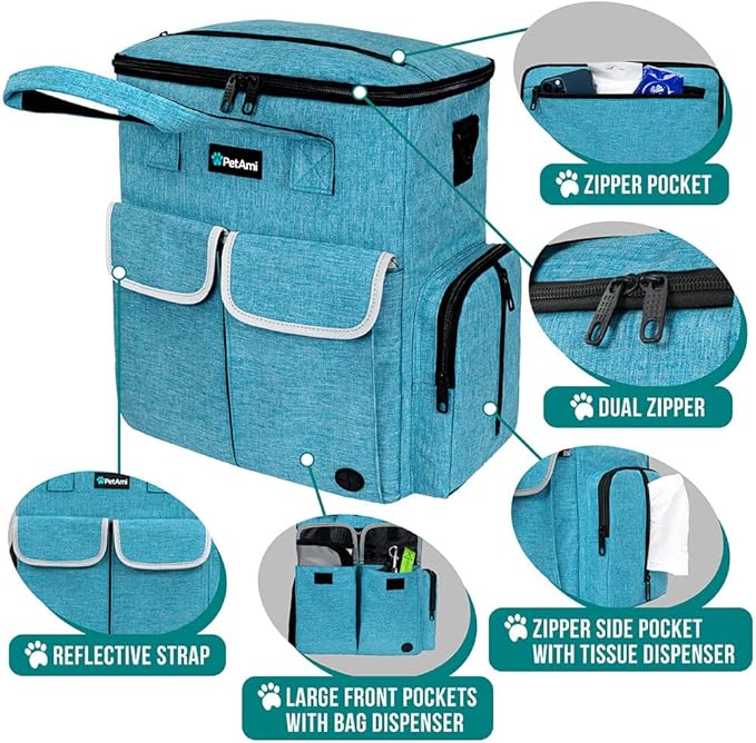 PetAmi Dog Travel Bag Pet Supplies Accessories Organizer for Traveling, Camping, Weekend; Cat Pet Travel Bag Kit Includes 2 Food Storage Containers, 2 Collapsible Bowls, 1 Feeding Mat (Teal Blue)