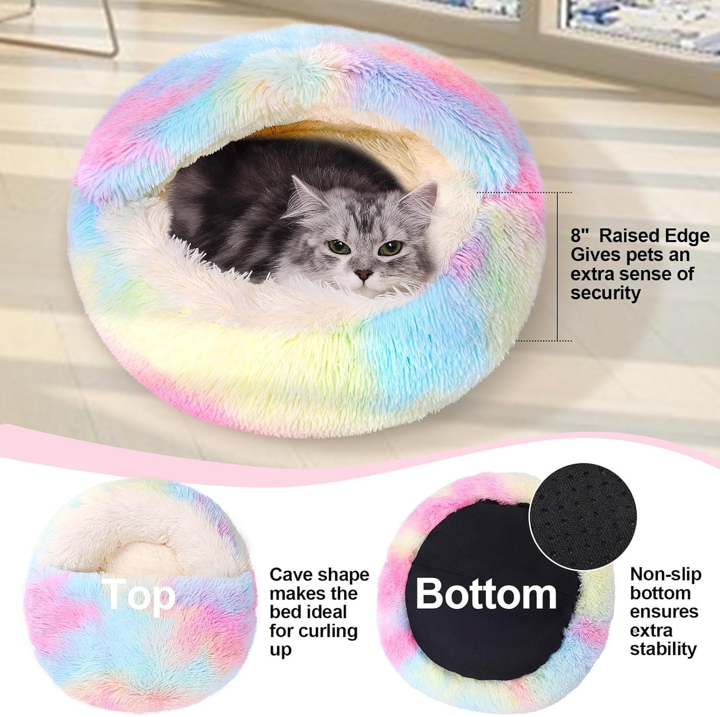 Calming Dog Beds & Cat Cave Bed with Hooded Cover,Removable Washable Round Beds for Small Medium Pets,Anti-Slip Faux Fur Fluffy Coved Bed for Improved Sleep,Fits up to 15/25 lbs(Colorful,S)