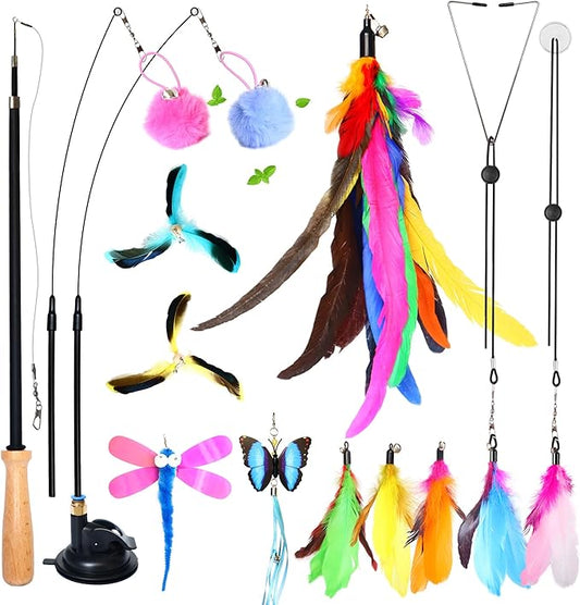 4-in-1 Interactive Cat Toys Set with 12 Pcs Replacements for Indoor Cats (Includes 1 Huge Feather)- Cat Fishing Pole Toy with Wooden Handle, Enhanced Suction Cup, Hanging Door Kitten Toys