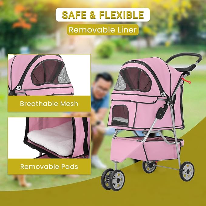 3-Wheels Pet Strolling Cart for Small Medium Dogs and Cats with Storage Basket,Holder, Foldable Pet Stroller with Waterproof Cover, Breathable Mesh for All-Season, Pink