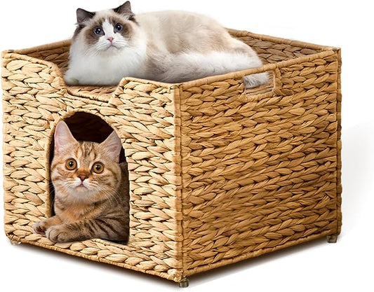 Cat Houses for Indoor Cats, Handwoven Cat Cave Pet Cube, Natural Pet Cat House, Cat Beds with Double-Sided Mat, Cat Condo Hideaway in Living Room Bedroom