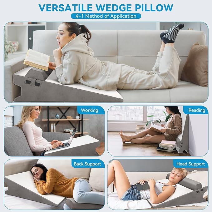 CloudBliss 12 inches Bed Wedge Pillow with Memory Foam for Sleeping After Gerd Acid Reflux, Surgery, Relief Back Pain, Adjustable and Breathable Pillow with Washable Cover for Surgery Recovery, Gray