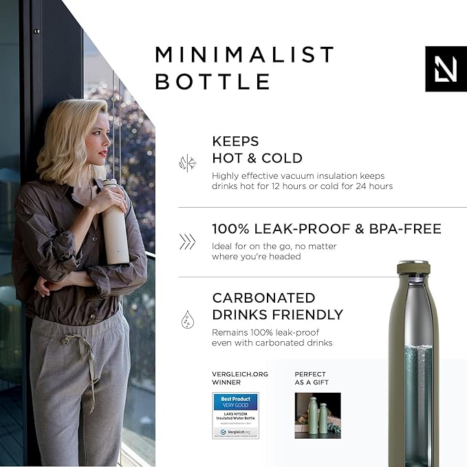LARS NYSØM Stainless Steel Insulated Water Bottle 12oz 17oz 25oz 34oz 51oz | BPA-free Insulated Thermo Flask for Hot and Cold Beverages | Leakproof Drinking Bottle (Capulet Olive, 25oz)
