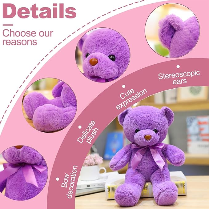 Purple Teddy Bear Stuffed Animals 13" Soft Cuddly Stuffed Teddy Bear Plush Toys Cute Birthday Mother's Day Valentine’s Day Wedding Graduation Party Gifts for Kids