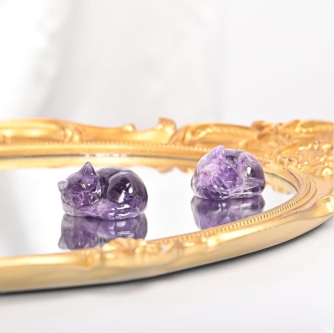WHAL&YUNE Crystal Cat Figurine, 1PC Amethyst Gemstone Cat, Natural Sleeping Cat Ornament Hand Carved Cat Statue Cat Crystal Decoration for Cat Lovers, Gift 1.5"