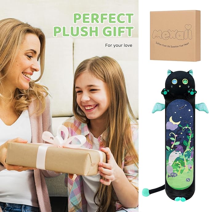 Long Cat Plush Body Pillow, 20” Cute Black Cat Stuffed Animals Kawaii Plushies, Squishy Body Pillow Plush Toys Gift for Kids Girls Boys