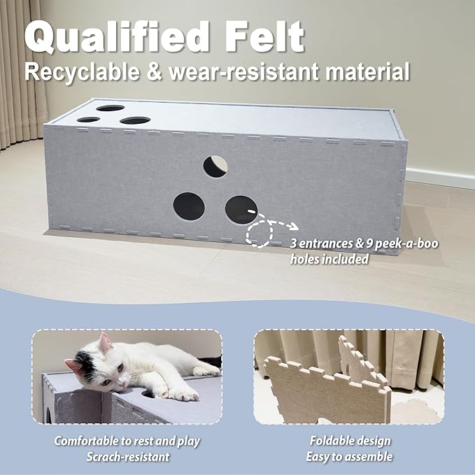 Meeyoview Cat Tunnel, Felt Tunnels for Indoor Cats, Peekaboo Hideaway Cave, Straight Cat Tunnel Bed, Interactive Cat Cube Toys for Small Medium Large Cats