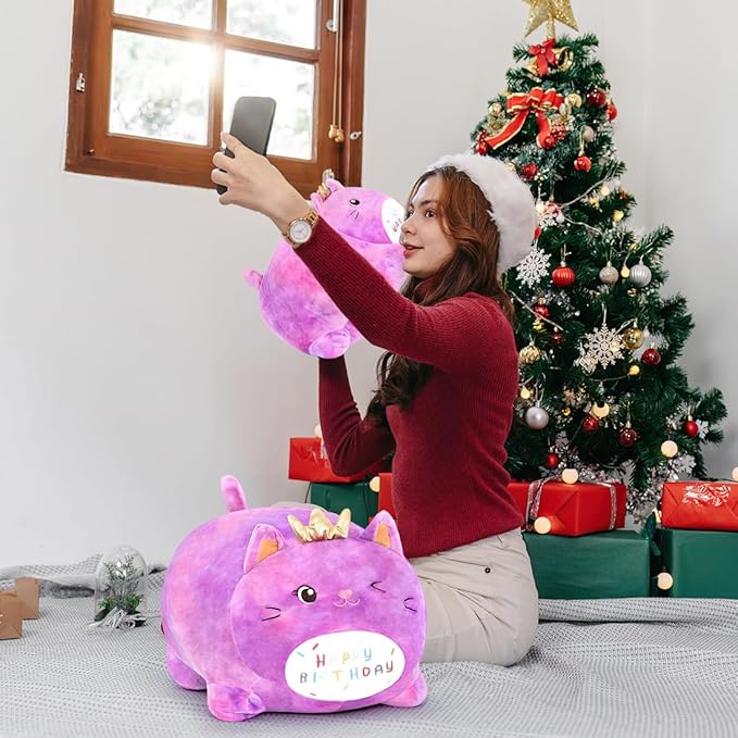 Birthday Cat Plush Pillow, Soft Purple Cat Stuffed Animal Toy (15.7inch)