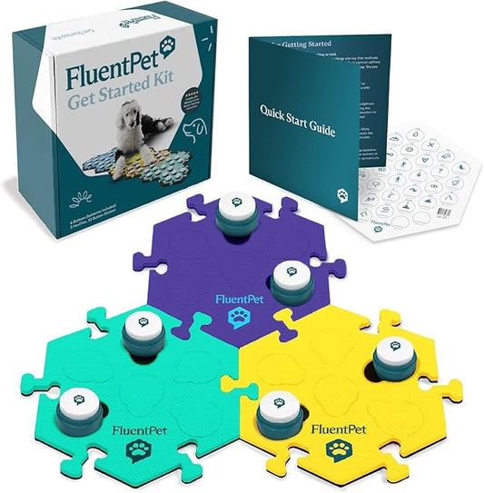 FluentPet Get Started Kit - Set of 6 Basic Buttons with Batteries Included for Dogs & Cats and 3 HexTiles - Customizable Cat & Dog Training Buttons for Communication - Talking Button Gift Set