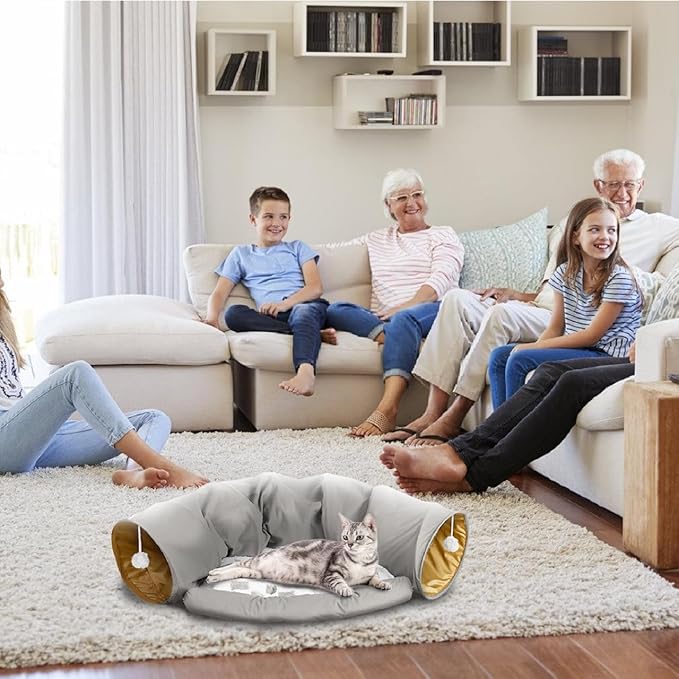 Cute Cat Tunnel Bed for Indoor with Collapsible Washable Design, Half Round Pet Play Interactive Toy for Cats/Puppy/Rabbit, Grey