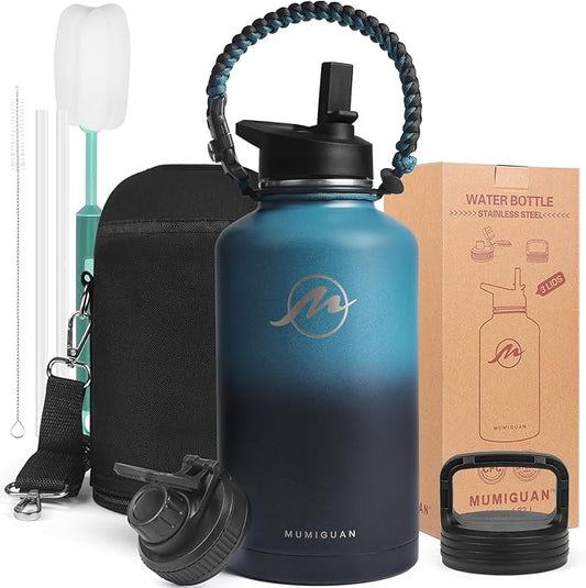 Insulated Water Bottle 64 oz with Straw Lid (3 Lids), Half Gallon Jug Flask, Large Metal Stainless Steel Bottle, 64 oz Double Wall Vacuum Sports Thermo Mug, Cold 48H Hot 24H (Indigo Black)