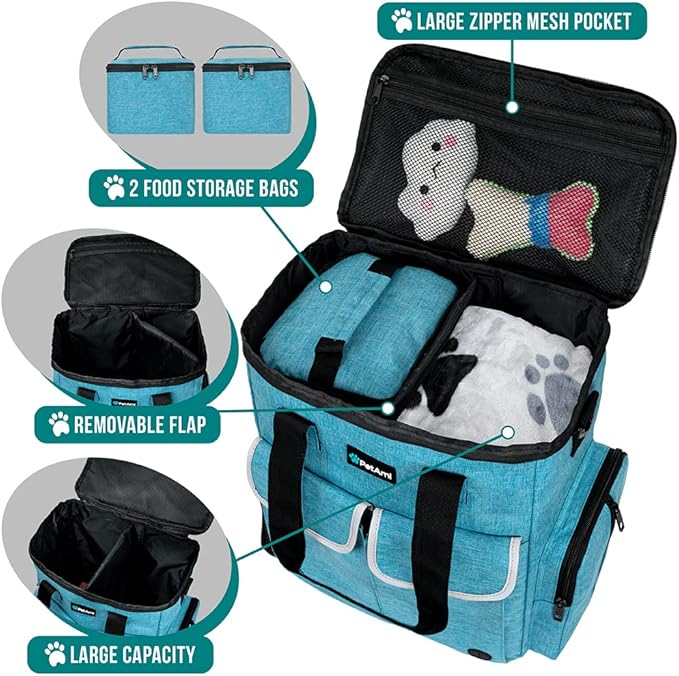 PetAmi Dog Travel Bag Pet Supplies Accessories Organizer for Traveling, Camping, Weekend; Cat Pet Travel Bag Kit Includes 2 Food Storage Containers, 2 Collapsible Bowls, 1 Feeding Mat (Teal Blue)