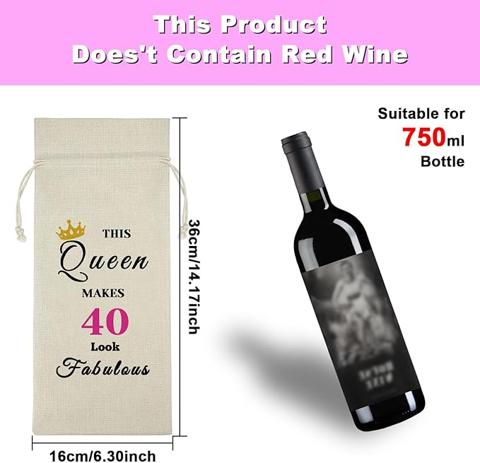 40th Birthday Gift Forty Birthday Gift for Women Mom 40th Female Milestone Gift Turning 40 Years Old Gift Drawstring Wine Wrap Bag Christmas Birthday Valentine's Day Gift for Sister Teacher Friend