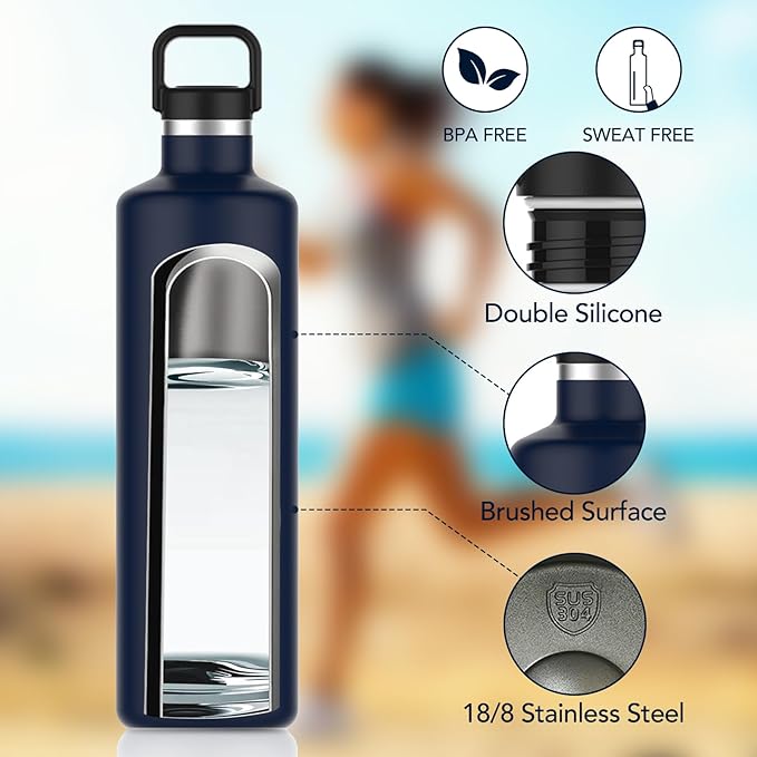 60oz Water Bottle with Carrier Bag, Large Insulated Water Bottle, Stainless Steel Water Bottles, Double Walled Insulated Thermo for Hot Drinks/Cold Drinks, Great for Gym, Hiking, Camping (Navy Blue)