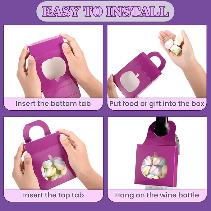 Megitzuu 30PCS Wine Bottle Box with Window, Kraft Paper Wine Boxes for Halloween Gifts Hanging Pumpkin Treat Box Mini Charcuterie Boxes Wine Bottles Gift Bags Goodies Candy Box Party Favor (Purple)