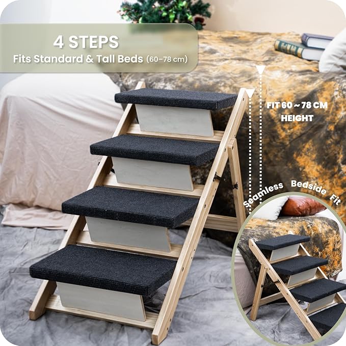 MEWANG Wood Pet Stairs & Ramp for Small/Medium Dogs and Cats, Aging Pets – 3-in-1 Foldable, Portable, Non-Slip Pet Ladder for Tall Beds, Couches,Cars–Holds Up to 220 lbs (17.3" L x 17.2" W x 13.0" H)