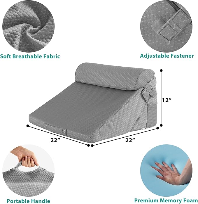 3Pcs Orthopedic Bed Wedge Pillow Set, Foam Wedge Pillow Post Surgery for Back, Leg and Knee Support, Adjustable 9&12 Inch Folding Triangle Pillow for Sleeping, Acid Reflux, Snoring, Grey