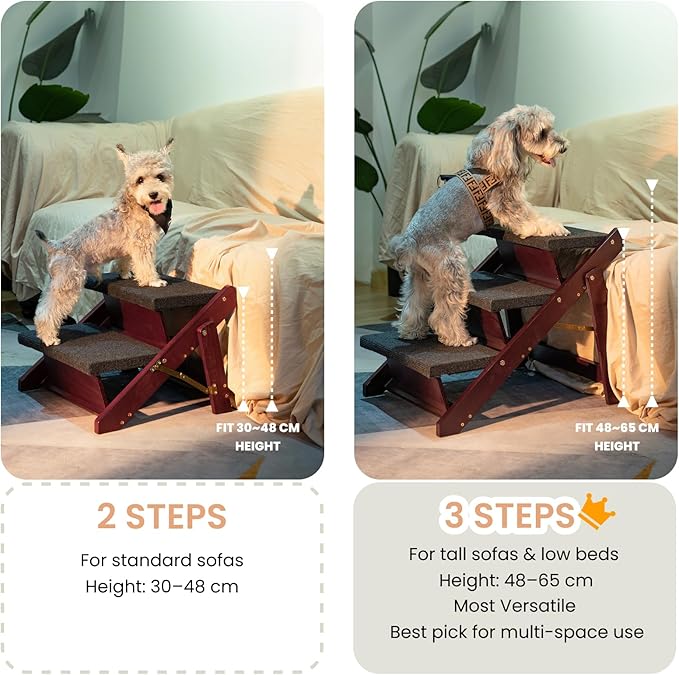 MEWANG Wooden Pet Stairs/Pet Steps - 3-in-1 Foldable Stairs & Ramp for Tall Beds and Cars - Portable Dog/Cat Ladder Up to 220 Pounds - for Small and Older Animals(Brown) (31.5" L x 17.2" W x 25.0" H)