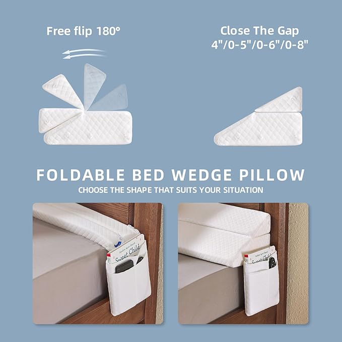 Adjustable Full Bed Wedge Pillow for Headboard Gap 0-8", 54"x10"x6" Bed Gap Filler Triangle Pillow Stopper, Fills The Gap Between Headboard and Mattress or Wall for Sleeping & Reading
