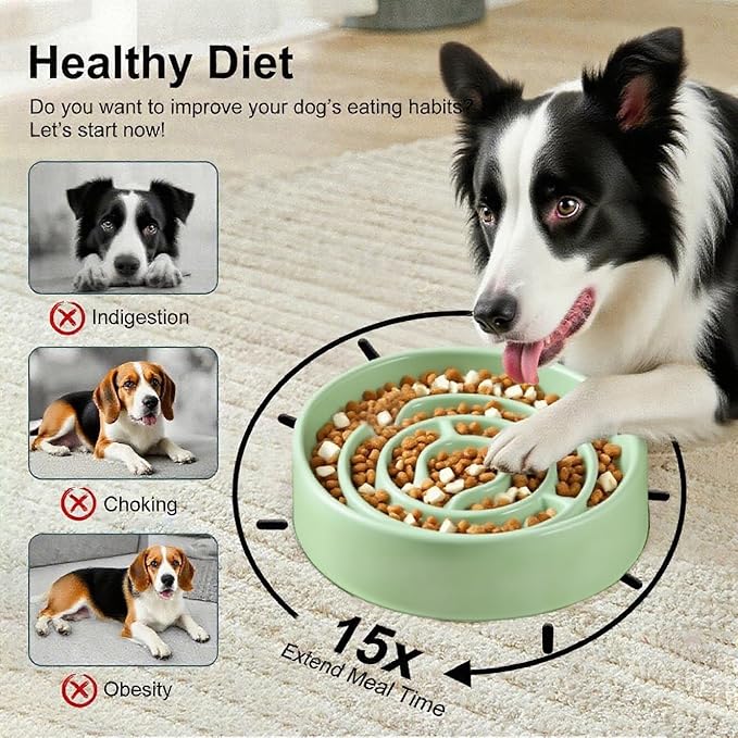 Slow Feeder Dog Bowls, Ceramic Dog Bowl with Anti-Slip, Slow Feeder & Non-Slip Design, Boredom and Anxiety Reducer, Suitable for All Breed Dogs and Cat (Ceramic-Green)