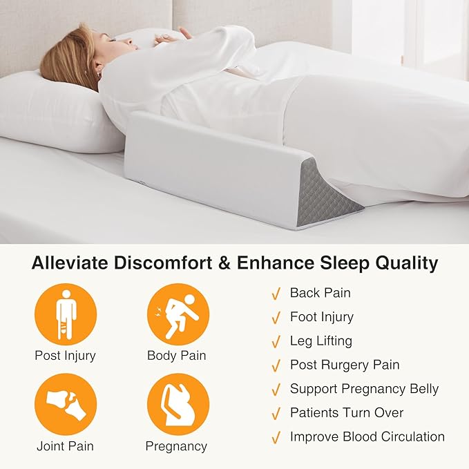 Side Wedge Pillow for Sleeping, Versatile Bed Wedge Back Pillow for Pregnancy, Back Pain, Leg Elevation and Side Sleepers, Memory Foam Body Positioner with Cover, Anti-Slip Base, White/Grey
