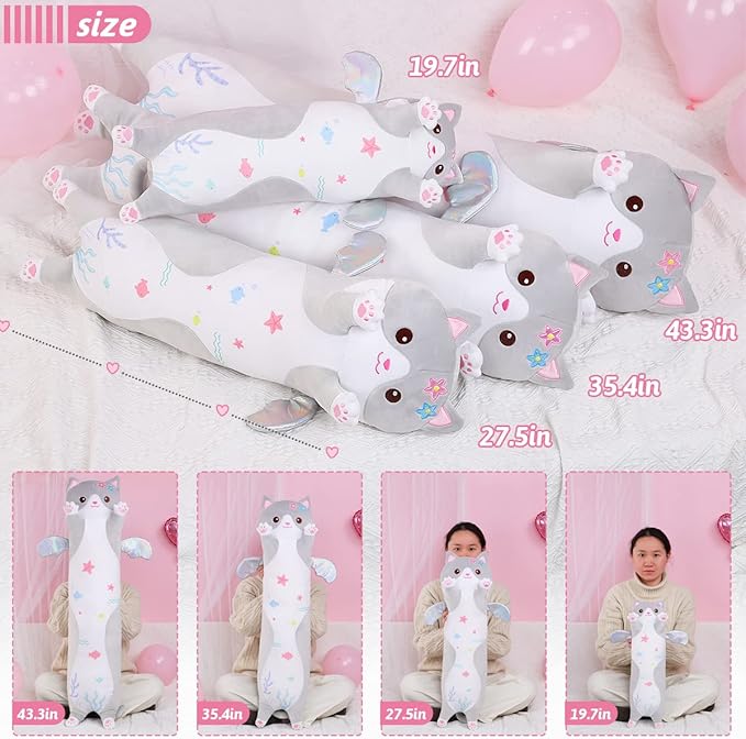 AIXINI Long Cat Plush Pillow Cartoon Cute Gray Cat Stuffed Animals, Soft Kawaii Kitten Plushies Pillow Toy for Kids (Gray,19.7inch)