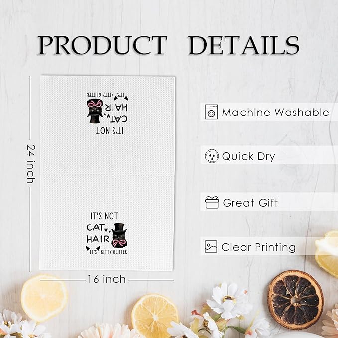 Black Cat Kitchen Towels, Funny Cat Dish Towels, Black Cat Gifts for Women, Cat Gifts for Cat Lovers, It's Not Cat Hair It's Kitty Glitter Hand Dish Tea Towels for Kitchen Bathroom, 16x24 in