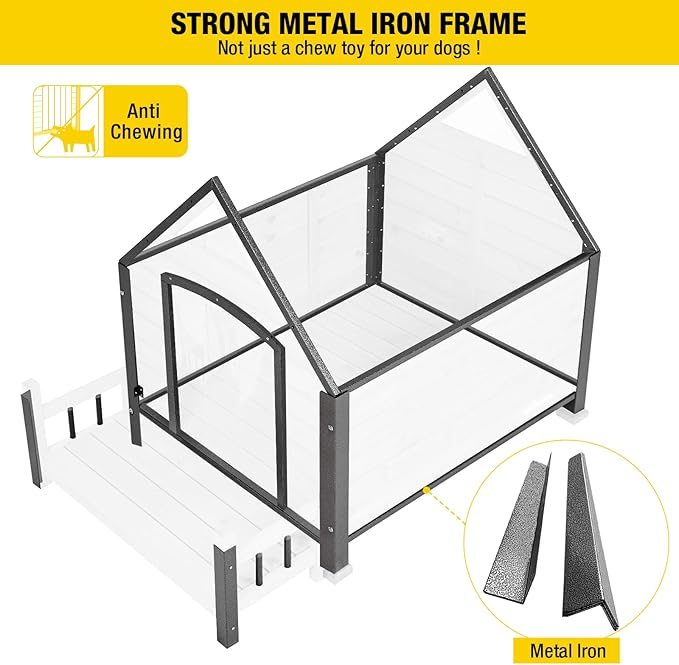 Aivituvin Dog House Outdoor with Metal Frame, Dog Kennel Outside for Small to Medium Breed, 45" Weatherproof Large Dog Shelter with Anti-Chewing Iron Frame, White (45" D x 32.9" W x 32.6" H)
