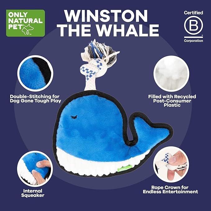 Only Natural Pet Sea Creatures Recycled Plush Dog Toys - Durable Double-Stitched Design with Internal Squeaker, Rope Tug Blow Hole & Ribbed Belly - Squeaky Pet Toy | Winston The Whale, 8.5" x 7.5"