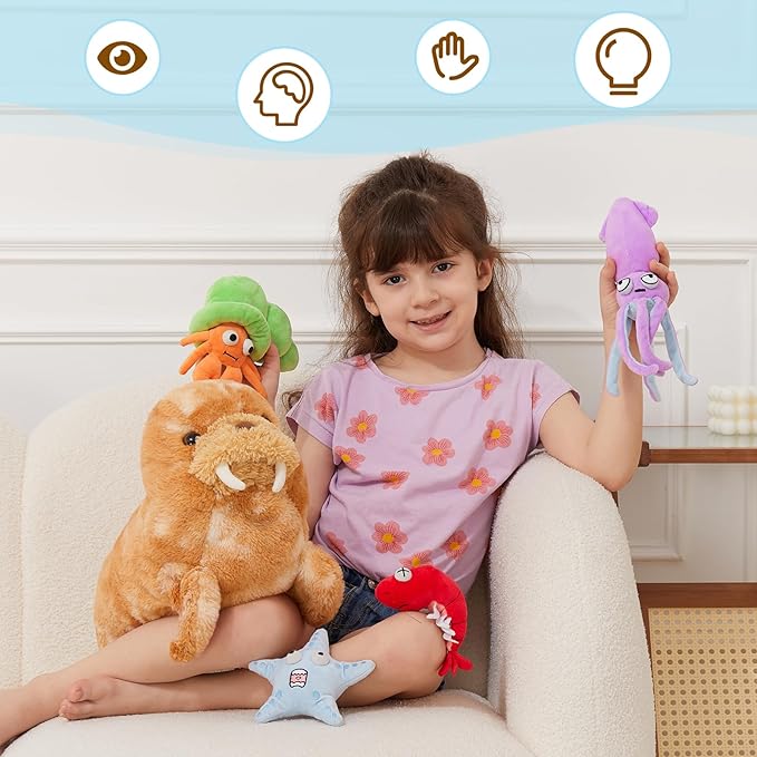 MorisMos 5Pcs Walrus Stuffed Animal Set,18'' Big Walrus Plush Toy with Crab,Lobster,Squid,Starfish Plushies,Bulk Marine Animal Gifts for Kid Girl Boy Ocean Lover Sea Animal for Birthday Christmas