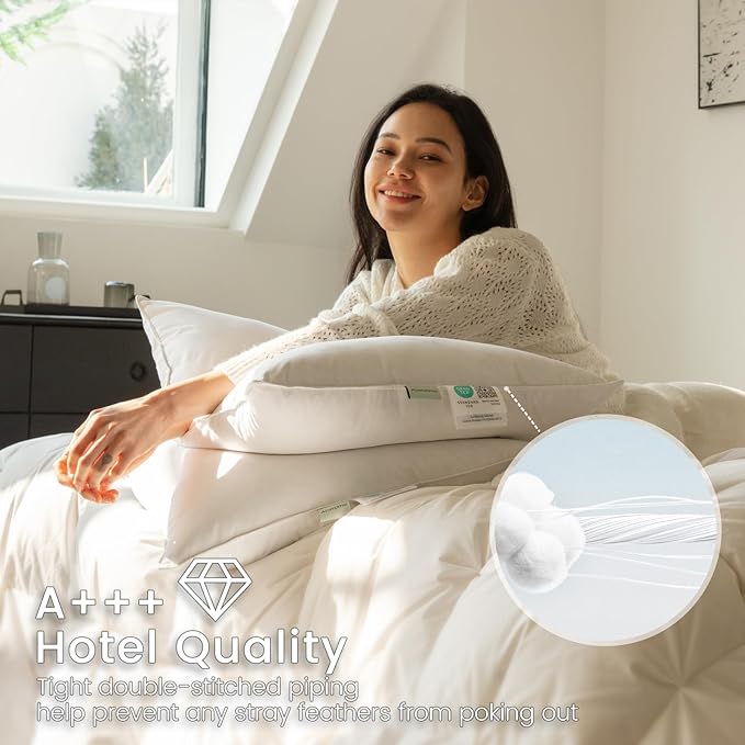 Alanzimo Goose Feather Down Pillows Queen Size Set of 2, Luxury Soft Feather Down Pillow for Sleeping, 600TC 100% Cotton Cover Hotel Collection Bed Pillows for Back, Stomach or Side Sleepers 20x28