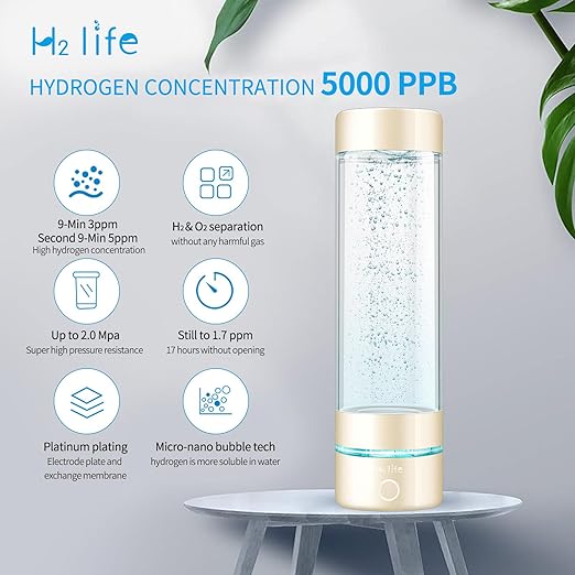 Hydrogen Sport Water Bottle, Professional Hydrogen-Rich Water Generator with SPE and PEM, 320ml 5000PPB Dual Mode Hydrogen Water Maker ionized for Travel Hiking Swimming (Gold)