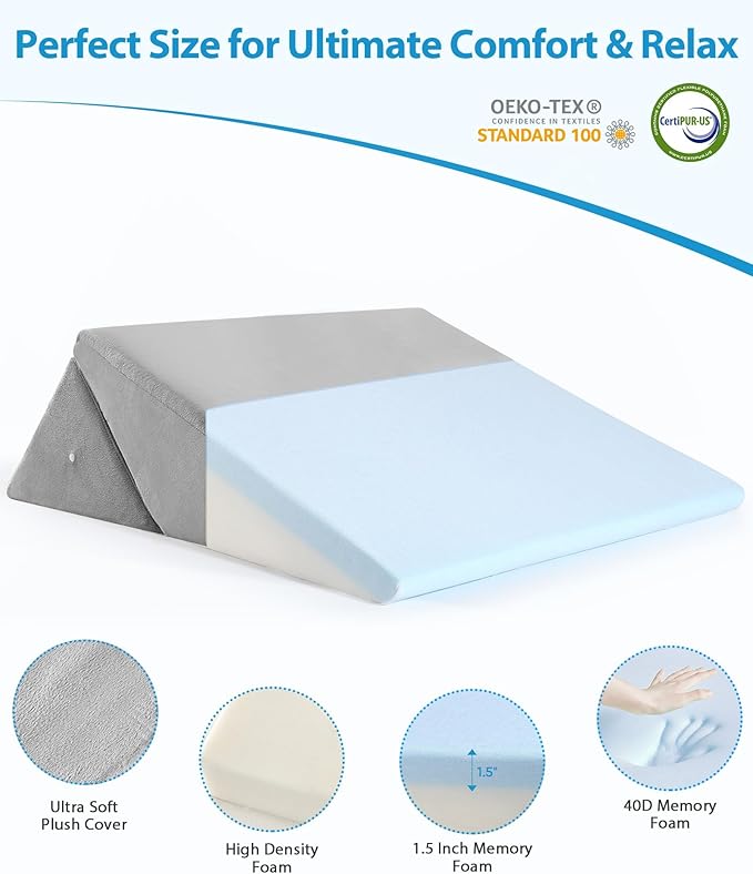 Wedge Pillow for After Surgery, Adjustable 9" & 12" Bed Wedge Pillow for Sleeping, Foldable Memory Foam Triangle Pillow for Snoring, Acid Reflux, GERD, Back and Leg