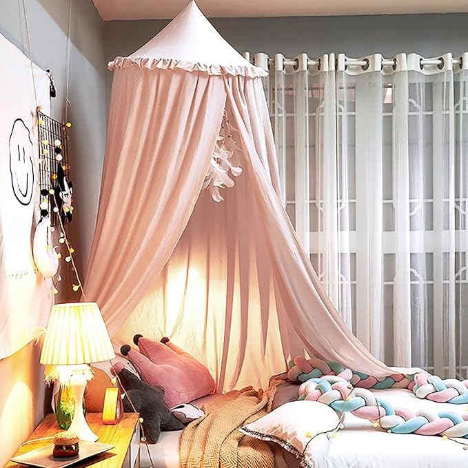 Upgrade Version of Canopy for Kids Bed, Extra Large Canopy for Girls Room Decoration Princess Castle Play Tent Hanging House, Dreamy Canopy for Children Room Reading Nook Canopies (Pale Pink Ruffle)