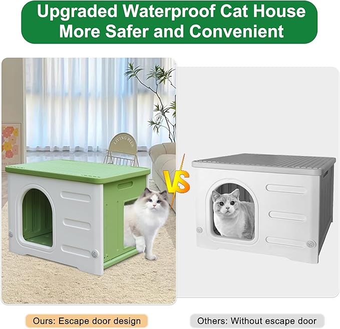 Rockever Plastic Cat House Outdoor with Escape Door, Waterproof Feral Cat House Outdoor Indoor, Sturdy Cat House for Outdoor Cats with Cat Bed Mat, Assemble Easily-Green