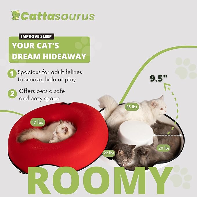Cattasaurus Peekaboo Cat Cave, Extra Spacious for Multiple & Large Cats 12+ lbs, Scratch Detachable Cat Beds for Indoor Cats, Washable Tunnel Bed, Comfy Donut Tunnel (Ruby Snowball, Jumbo)
